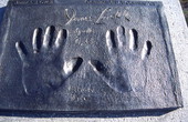 Close-up view showing the handprints of astronaut James Lovell in Space View Park near the U.S. Space Walk of Fame Museum in Titusville, Florida.
