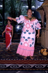 View showing Kaui Brandt and one of her dance students at the Disney Polynesian Resort in Orlando, Florida.