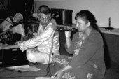 View showing musicians performing at the Historical Museum of Southern Florida's Caribbean Percussion Festival in Miami, Florida.