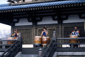 Percussion troupe Matsuriza performing traditional Japanese taiko drumming at the Epcot theme park Japan Pavilion in Lake Buena Vista, Florida.