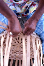 Lucreaty Clark weaving a white oak basket