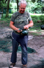 Net maker Martin Cooper repairing a shrimp trawl net - Jacksonville, Florida.