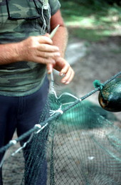 Net maker Martin Cooper repairing a shrimp trawl net - Jacksonville, Florida.