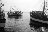 Three shrimp boats at memorial service for a fisherman lost at sea- Neptune Beach, Florida