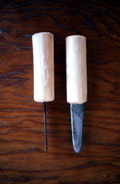 Two wooden handled oyster knives made by Loys Cain - Apalachicola, Florida.