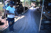 Sonny Polous working on a monofilament mullet net - Apalachicola, Florida