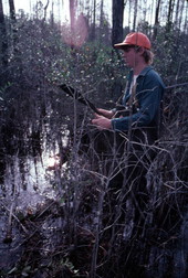 Apprentice Neil Brooks cutting and trimming cypress for furniture - Bronson, Florida