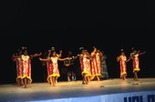 View of participants performing during a hula dance competition in Orlando, Florida.