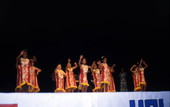 View of participants performing during a hula dance competition in Orlando, Florida.