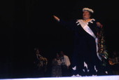 View of a participant performing during a hula dance competition in Orlando, Florida.