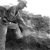 Gunter pointing out the upper marine layer overlain by the freshwater limestone