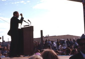 View showing Republican presidential nominee Richard Nixon delivering a campaign speech