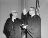 Swearing in Chief Justice John Mathews Sr. by Justice B. K. Roberts.