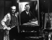 Artist with portrait of Governor Frederick P. Cone