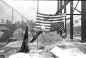View showing an upside down U.S. flag at the camp for anti-war protesters in Flamingo Park during the 1972 GOP Convention - Miami Beach, Florida.