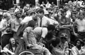 Vietnam War veteran and anti-war activist Ron Kovic with other veterans at a rally that occurred in Miami Beach during the 1972 GOP Convention.