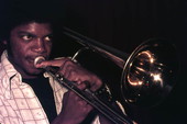 View of a trombonist playing during band performance - Tallahassee, Florida.