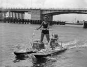 Anna Guiliano using a "Power Ski" on the intracoastal waterway near the Oakland Park Blvd. bridge in Ft. Lauderdale, Florida.