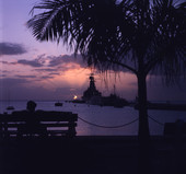 View showing silhouettes of ships during sunset in Sarasota, Florida.