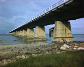Close-up view showing the Overseas Highway bridge in the Florida Keys.
