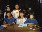 Seminole children in a government school at the Brighton Indian Reservation.