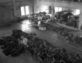 View showing employees making the Ringling Circus big top in canvas loft in Sarasota, Florida.