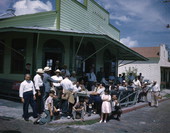 View of Greeks gathered in front of Lazaros Coffee Shop in Tarpon Springs, Florida.
