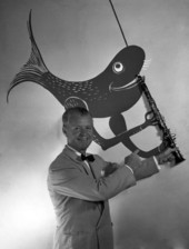Humorous portrait of band leader Rudy Bundy at the Lido Beach Casino in Sarasota, Florida.