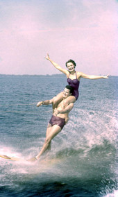 View showing water skiers performing at the Cypress Gardens theme park in Winter Haven, Florida.