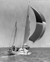 Architect Peter Trouchaud sailing his boat in Sarasota Bay.