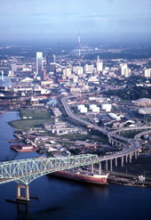 Aerial view looking west along expressway from the Isaiah D. Hart Bridge toward downtown Jacksonville.