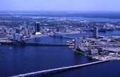 Aerial view looking east over the St. Johns River in Jacksonville.