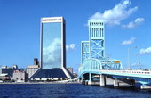 Close-up view of the Independent Life building and Main St. Bridge in Jacksonville.