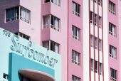 Close-up view of the Surfcomber and Ritz Plaza hotels in Miami Beach.