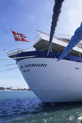 Close-up view of Royal Caribbean cruise ship "Song of Norway" docked at the Port of Miami.