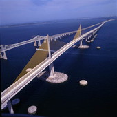 Aerial view showing the old and new Sunshine Skyway bridges.