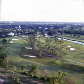 Bird's eye view looking south over golf course at the Miami Biltmore Hotel and Country Club in Coral Gables, Florida.