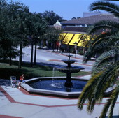 View of a fountain in the historic Hyde Park district at the intersection of Dakota and Snow avenues in Tampa, Florida.