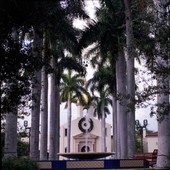 View looking past fountain in Sanborn Park toward the Old City Hall at 71 N. Federal Hwy in Boca Raton, Florida.