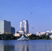 View looking toward the Orlando skyline across Lake Eola.