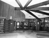 Interior view showing construction of library at the new Koreshan Unity headquarters in Estero, Florida.