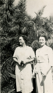 Evelyn Horne, left, and Hedwig Michel in the Koreshan Unity garden in Estero, Florida.