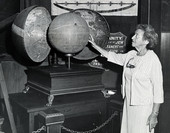 Koreshan Unity president Hedwig Michel explaining the Koreshan hollow earth theory at Art Hall in Estero, Florida.
