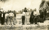 Postcard showing Koreshans at Dr. Cyrus Reed Teed's mausoleum at Ft. Myers Beach on Estero Island, Florida.