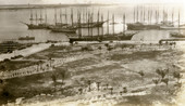 Bird's eye view from the Everglades Hotel showing ships in harbor near Bayfront Park in Miami, Florida.