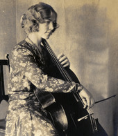 Christmas card with portrait of Koreshan Rosalie McCready and her cello.