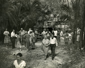 Koreshan Unity president L.W. Bubbett greeting guests at Bamboo Landing during the 1957 Solar Festival.