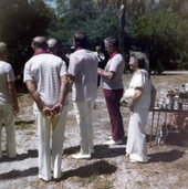 Koreshan Unity president Hedwig Michel and Barbershoppers at the 1974 Lunar Festival.