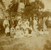 Group portrait of Koreshan Unity members at Bamboo Landing in Estero, Florida.