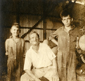 Portrait of Koreshans Alfred Christensen, center, and Raymond Trebell with his friend in Estero, Florida.